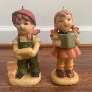 Vintage Set of 2 Boy & Girl Hummel Like Wax Candle Figurines 6”